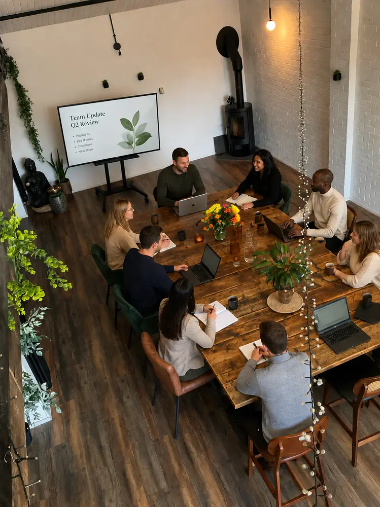 A team meeting around the long table at The Space